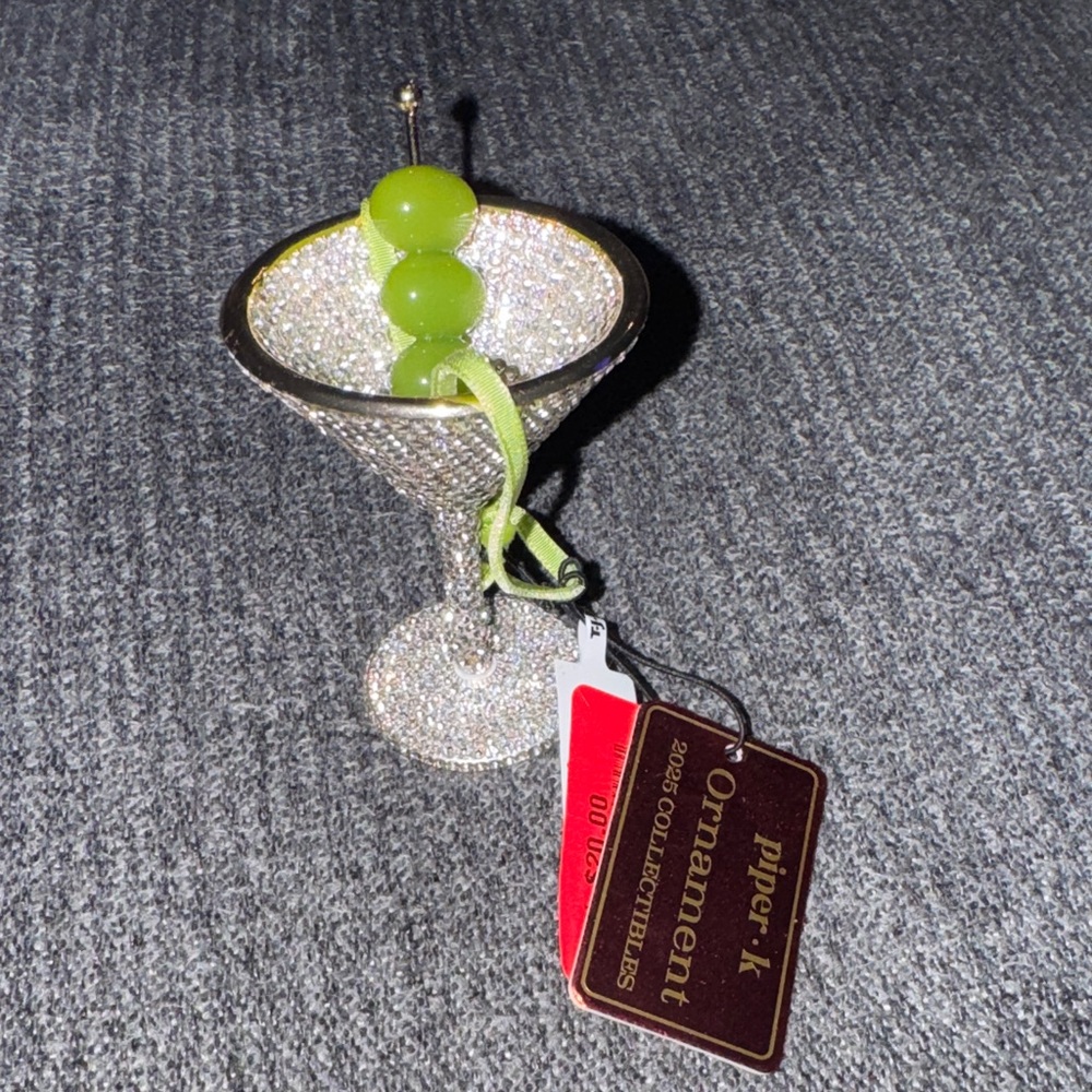 piper.k Sparkling Silver Martini Ornament with Lime Green Olives